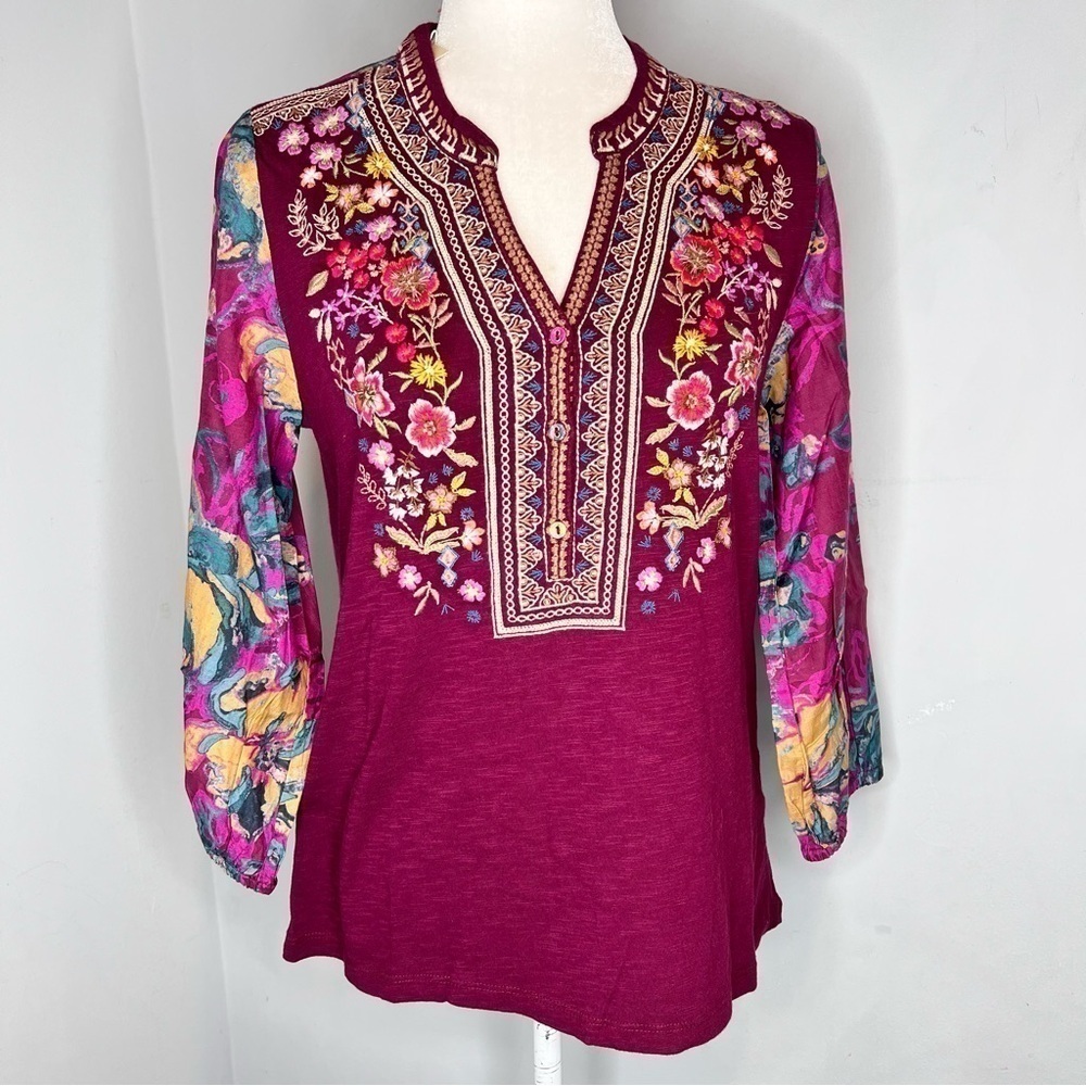 NWT Sundance Flowers Grace Top Maroon Floral Embroidered Peasant Silk Shirt XS